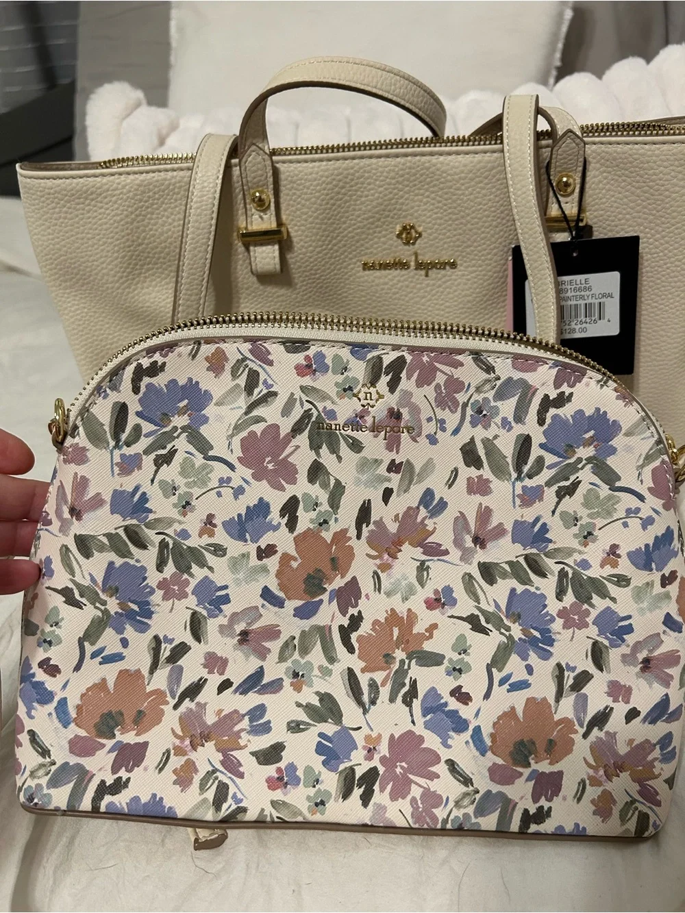 2 Nanette Lepore  (1  Cream Pebbled Leather Brielle Tote 2) floral both NWT